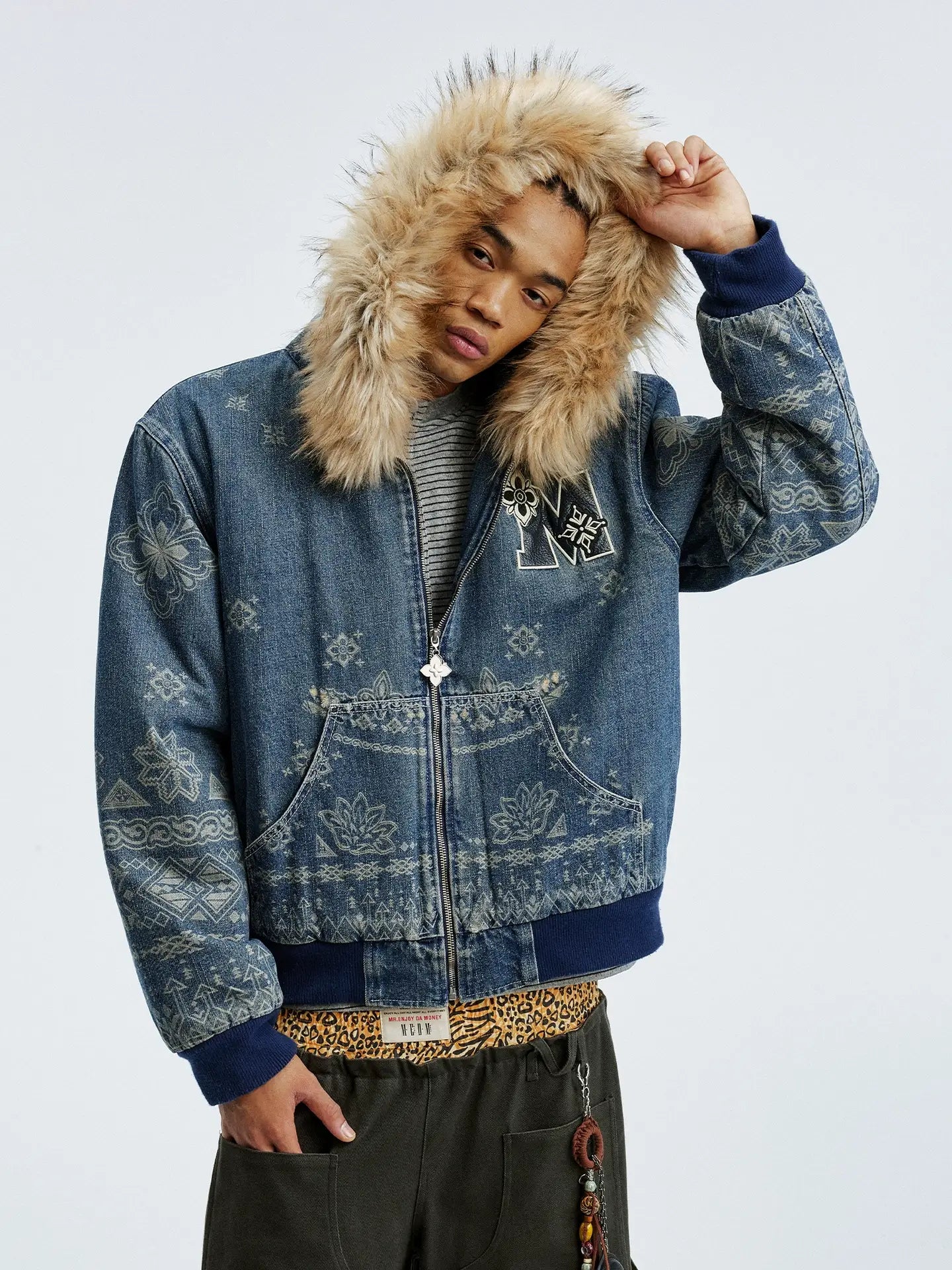 MEDM Ethnic Paisley Denim Hooded Jacket