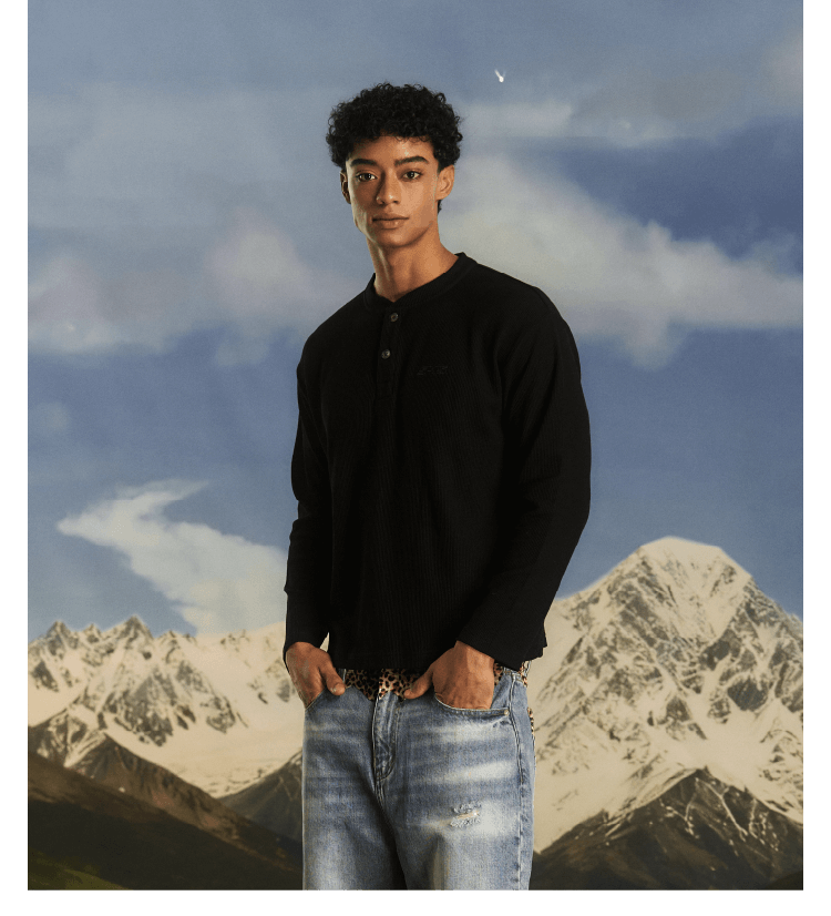 S45 Waffle Henley Neck Long Sleeve Tee