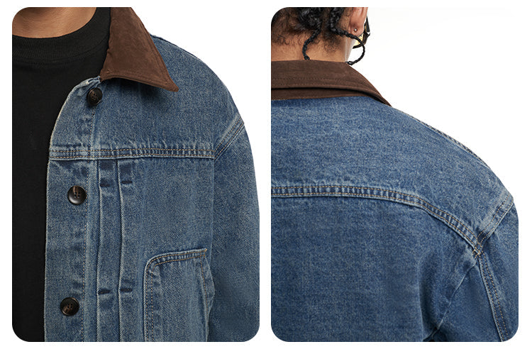 F3F Select Suede Lapel Washed Denim Jacket