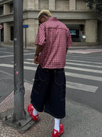 STEEPC Plaid Boxy Wide Short Sleeve Shirt