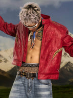 S45 Leopard Print Patchwork PU Leather Biker Jacket
