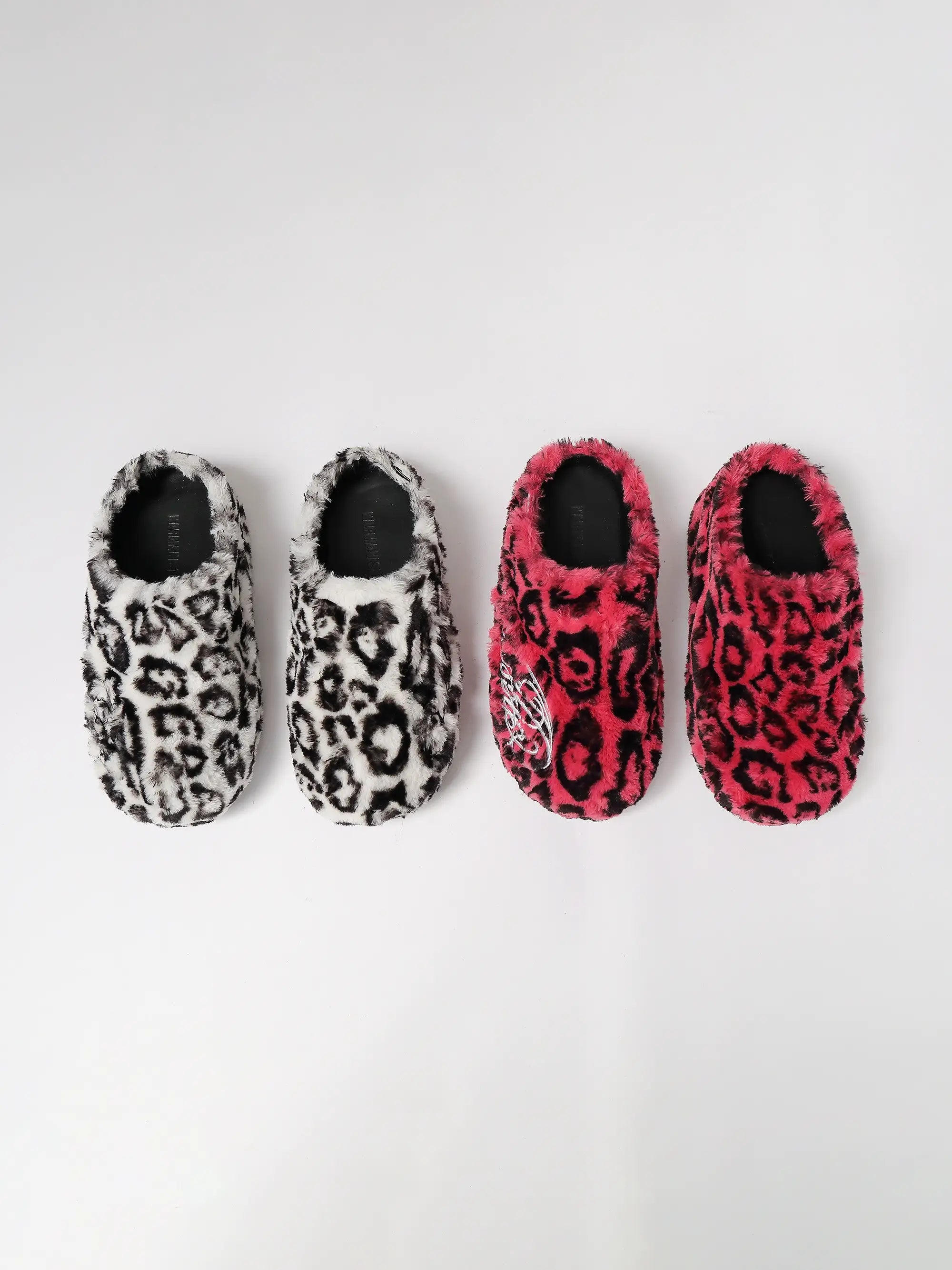 KARMANISTIC Rose White Leopard Fur Embroidered Slipper Clogs