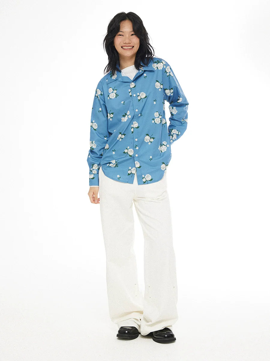 EMPTY REFERENCE Rose Print Blue Long Sleeve Shirt