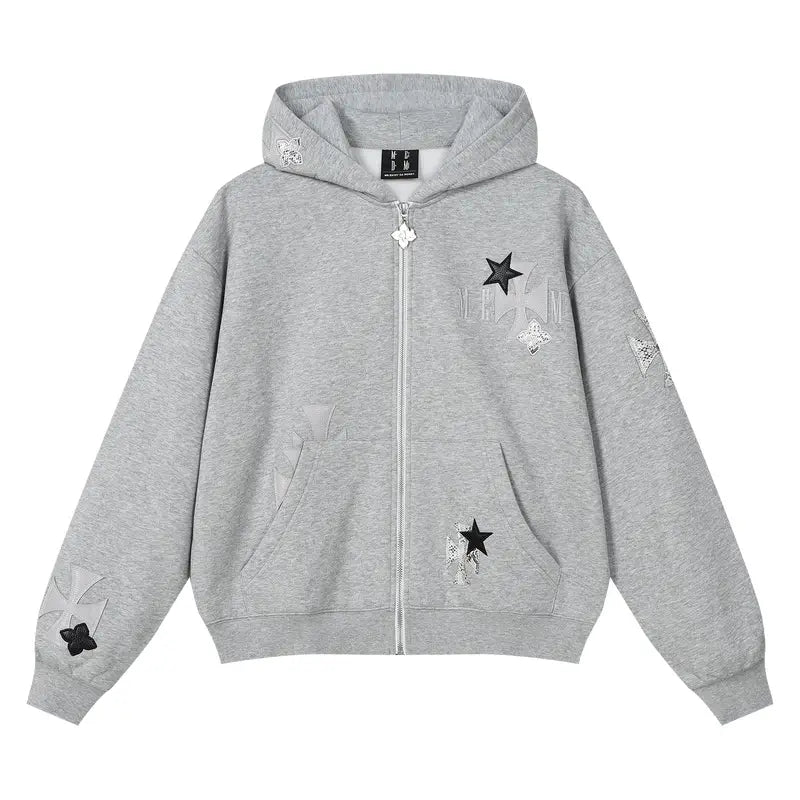 MEDM Cross Star Leather Patchwork Zip Up Hoodie