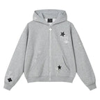 MEDM Cross Star Leather Patchwork Zip Up Hoodie