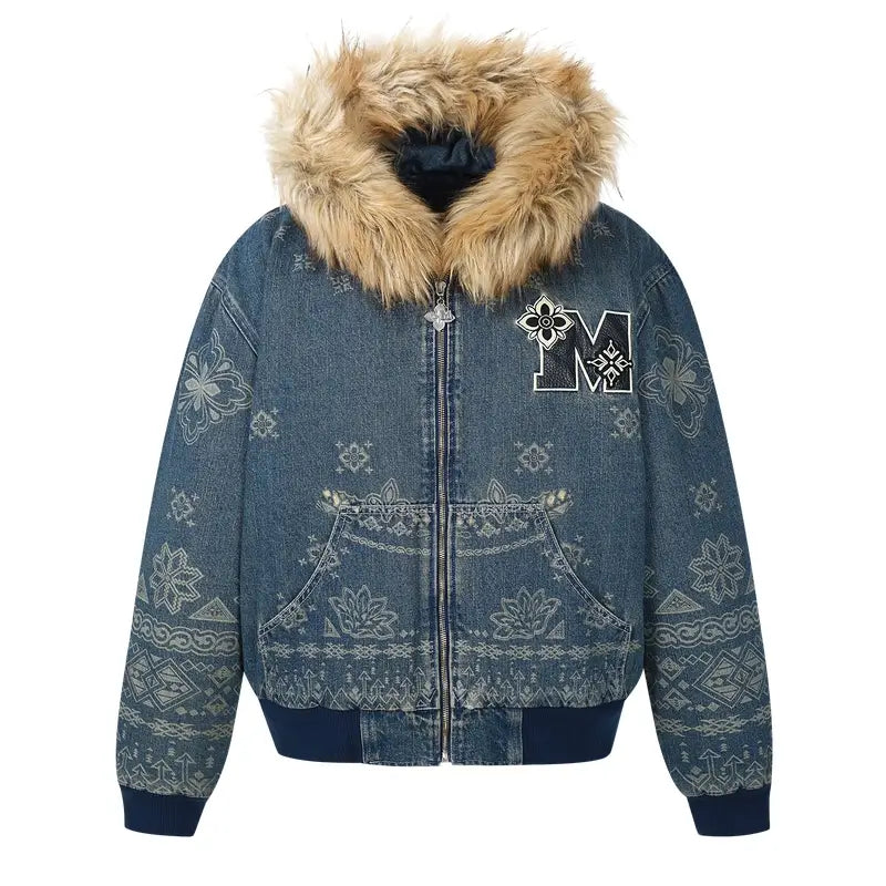 MEDM Ethnic Paisley Denim Hooded Jacket