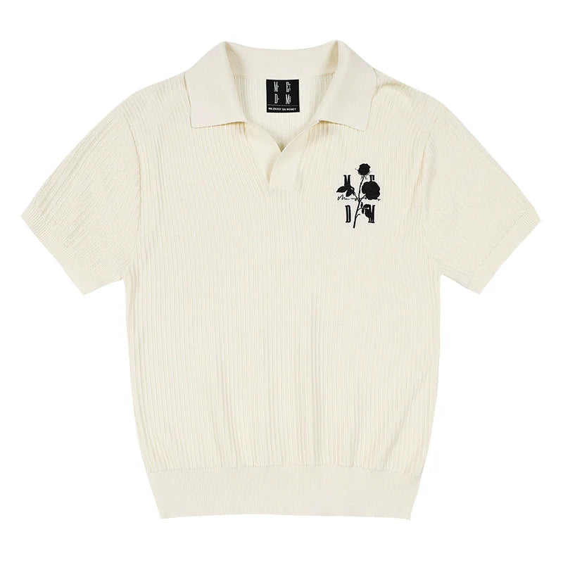 MEDM Rose Embroidered Textured Stripe Knit Polo