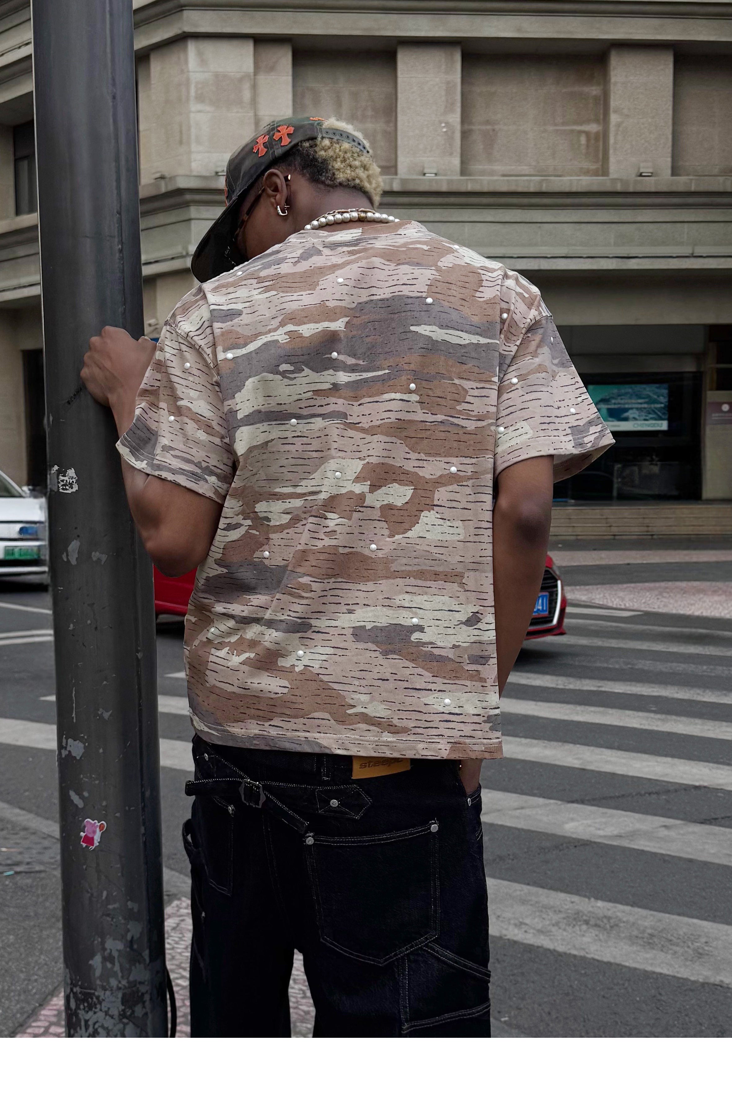 STEEPC Aged Desert Camo Pearl Embellished Print Tee