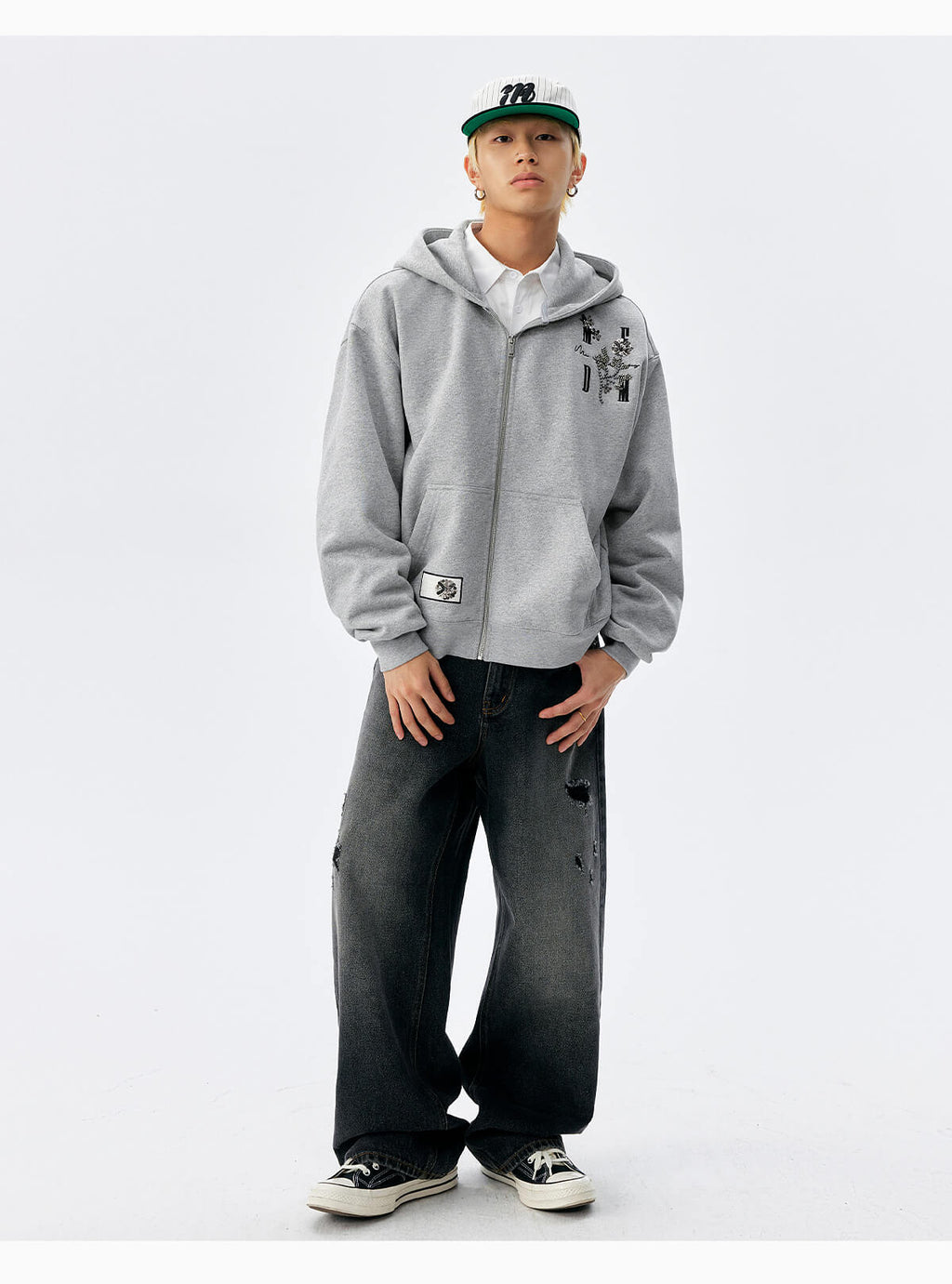 MEDM Beaded Flower Embellished Zip Up Hoodie
