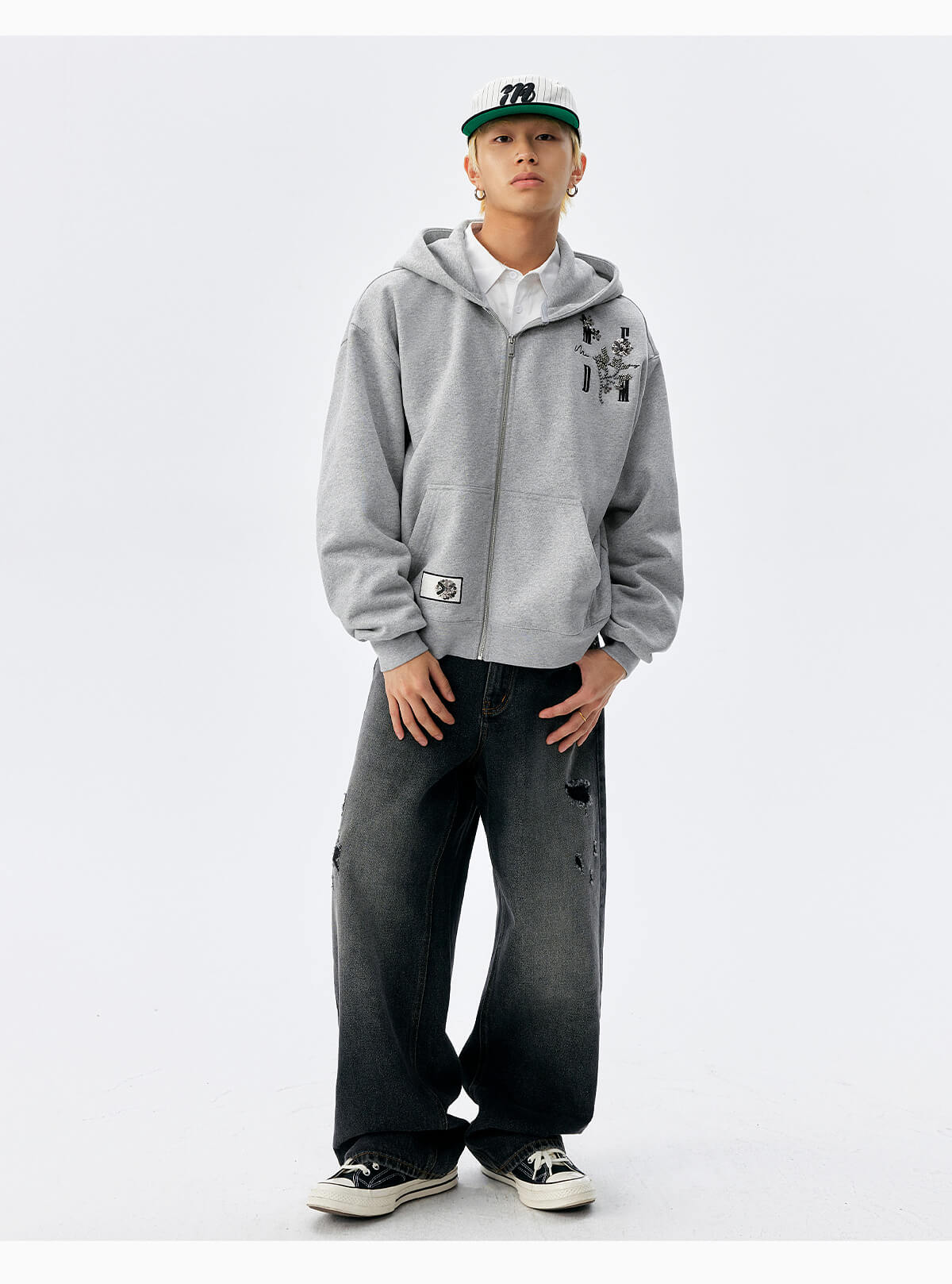 MEDM Beaded Flower Embellished Zip Up Hoodie