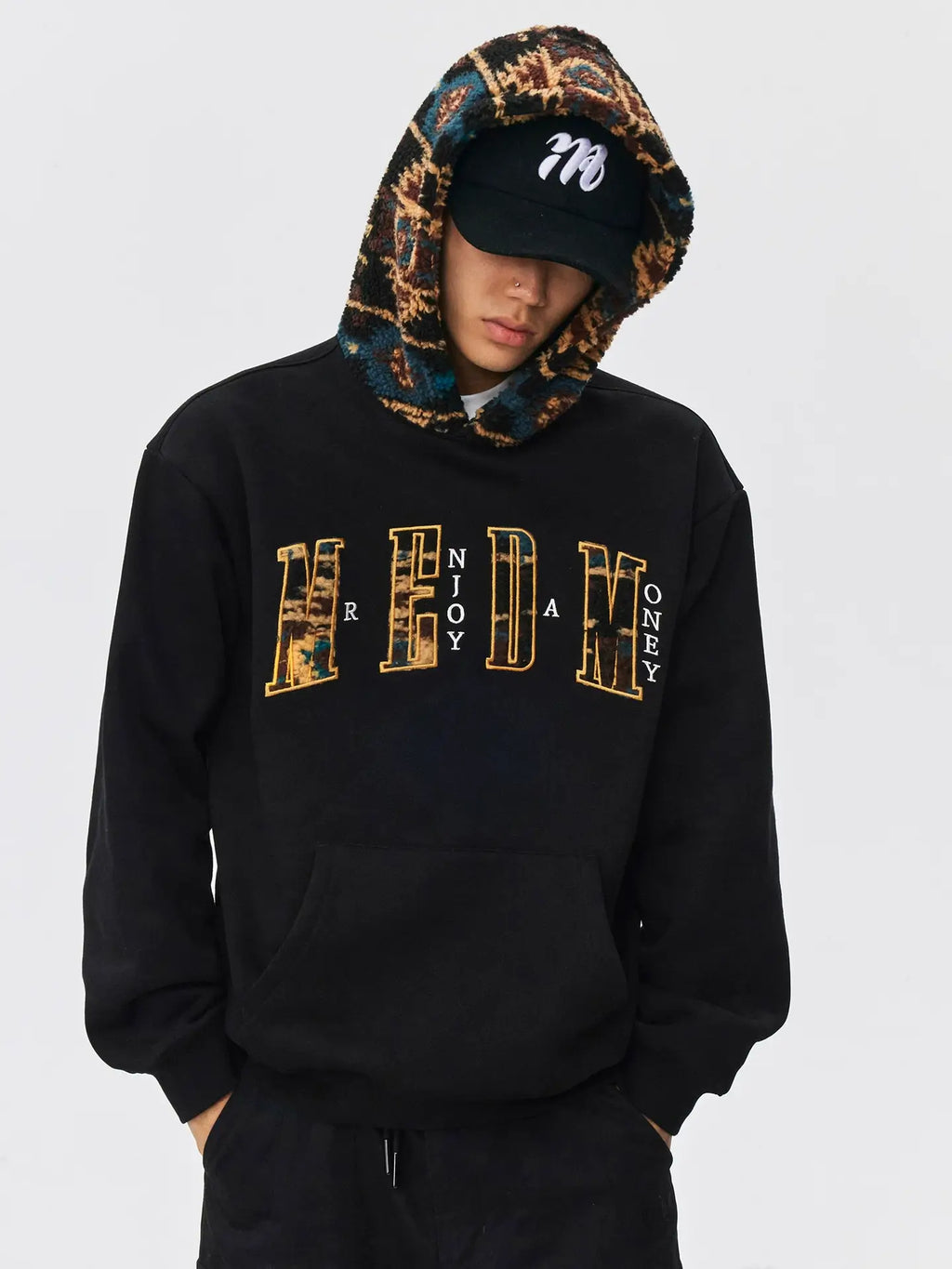 MEDM Patterned Sherpa Hood Patchwork Hoodie