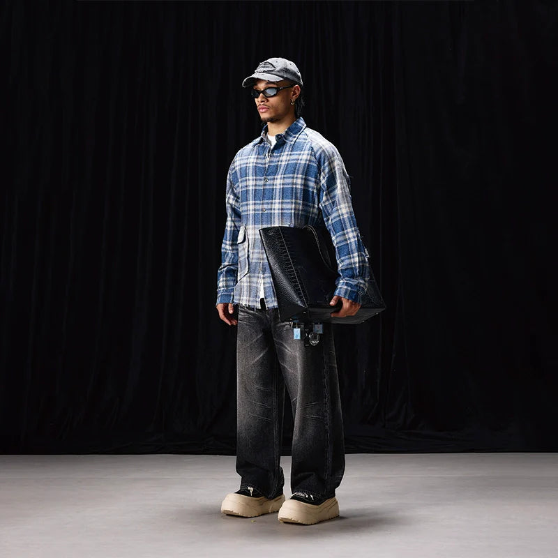 Labt Washed Flannel Plaid Long Sleeve Pocket Shirt