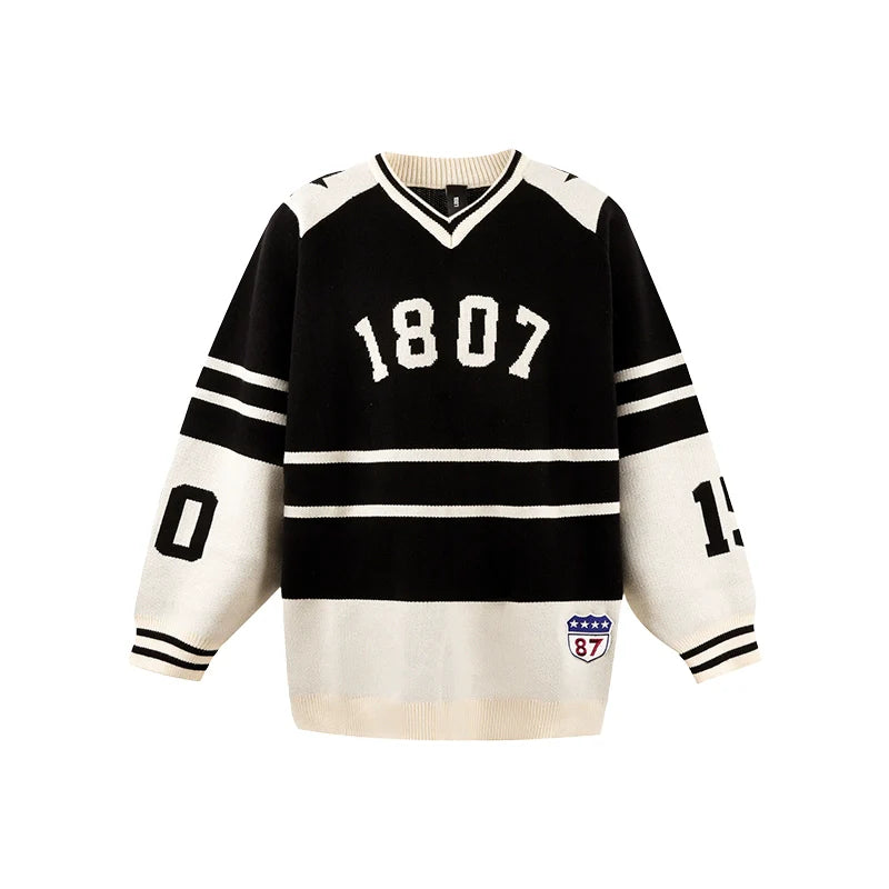 1807 Black & White Striped Hockey Jersey Knit Sweater