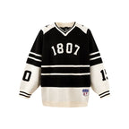 1807 Black & White Striped Hockey Jersey Knit Sweater