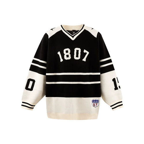1807 Black & White Striped Hockey Jersey Knit Sweater