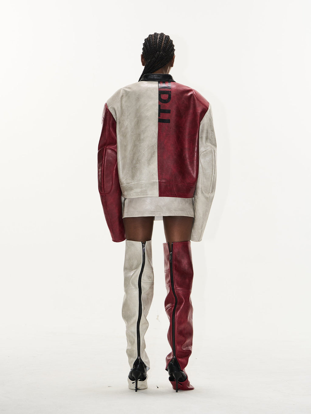 BLIND NO PLAN Distressed Leather Contrast Racing Jacket