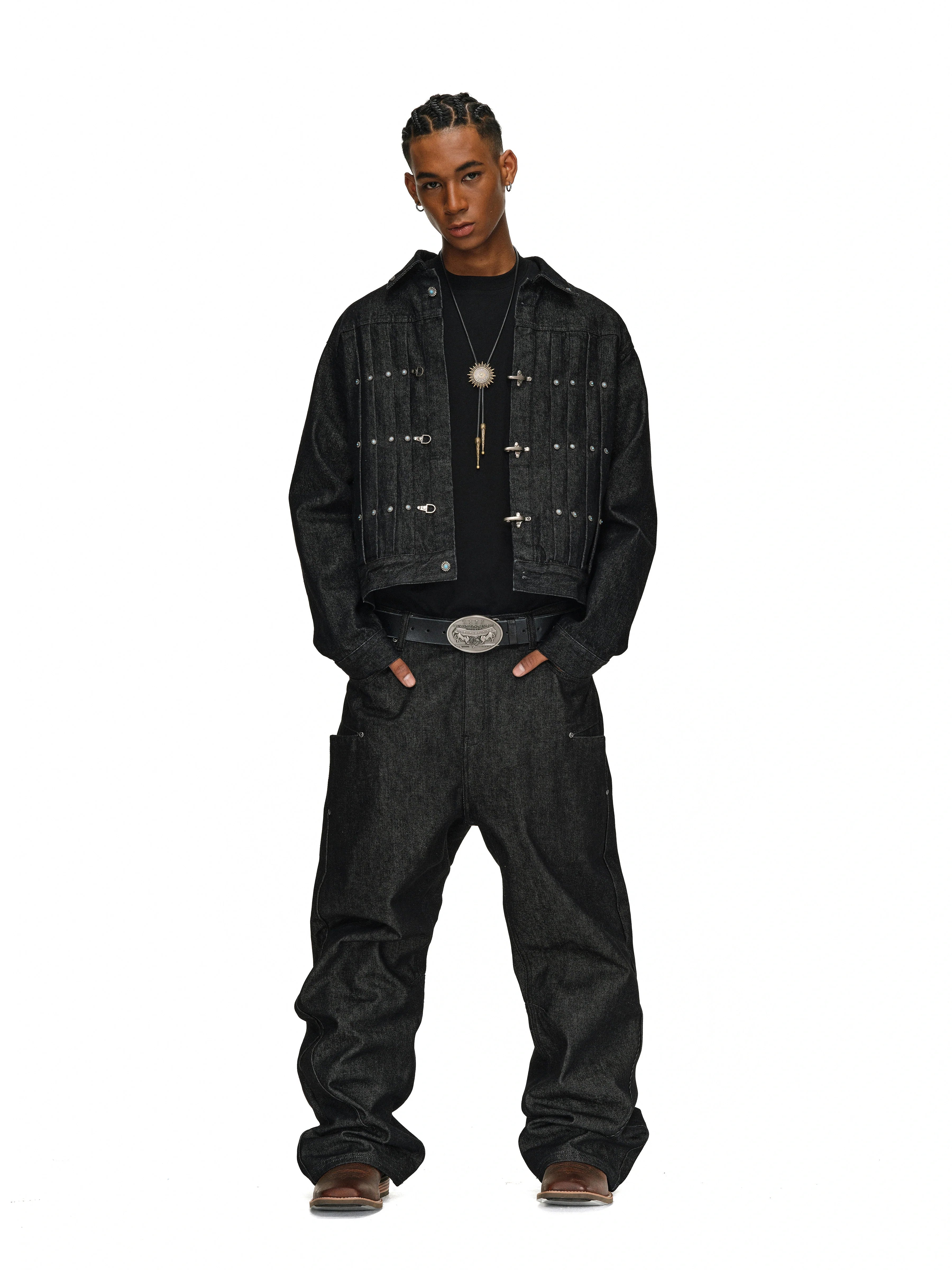 ANTIDOTE Turquoise Studded Pleated Buckle Denim Jacket