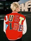 JUST VIBE Terry Multicolor Logo PU Leather Varsity Jacket