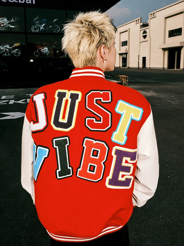 JUST VIBE Terry Multicolor Logo PU Leather Varsity Jacket