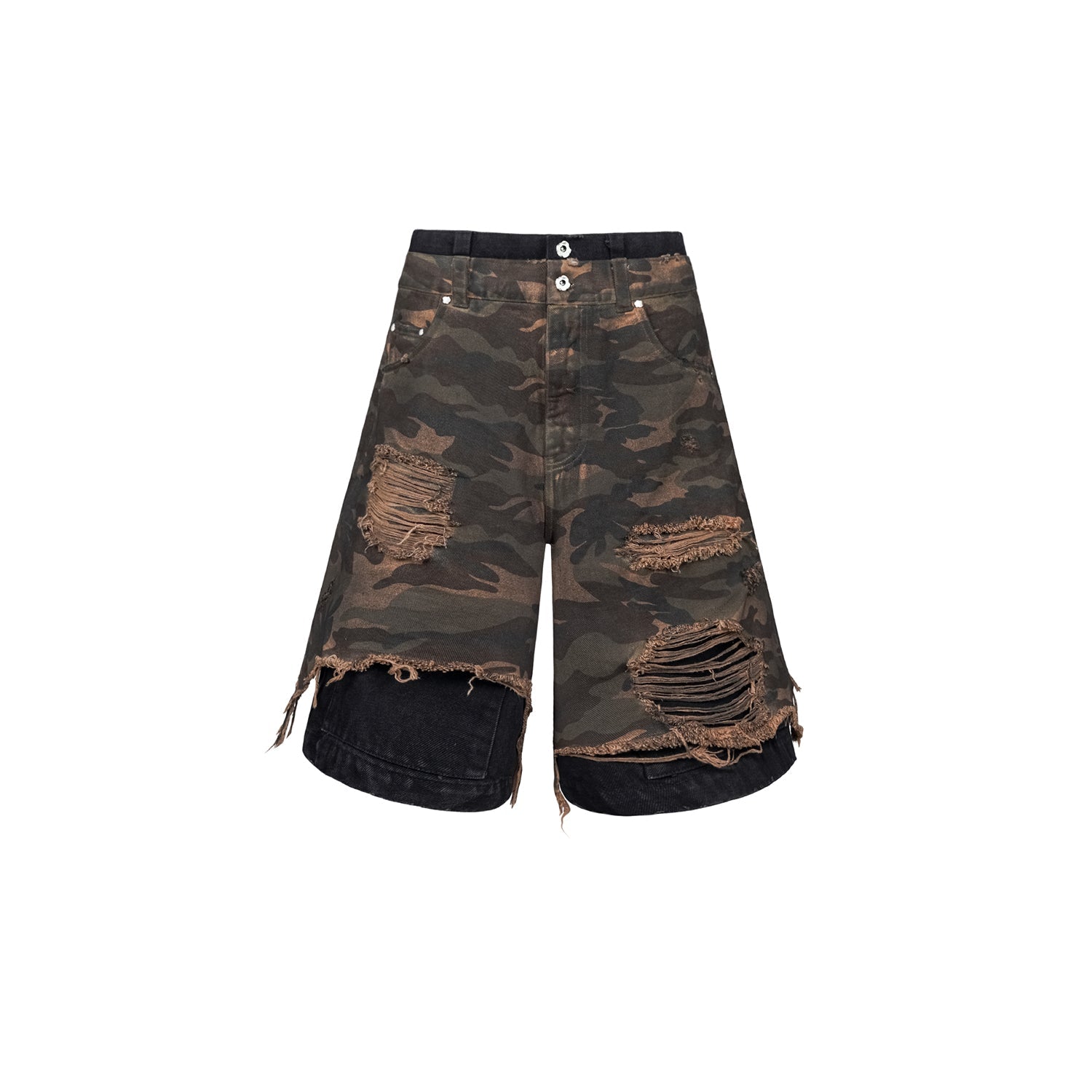 UNDERWATER Double Layer Damage Camo Cargo Denim Shorts | Baggy Jorts