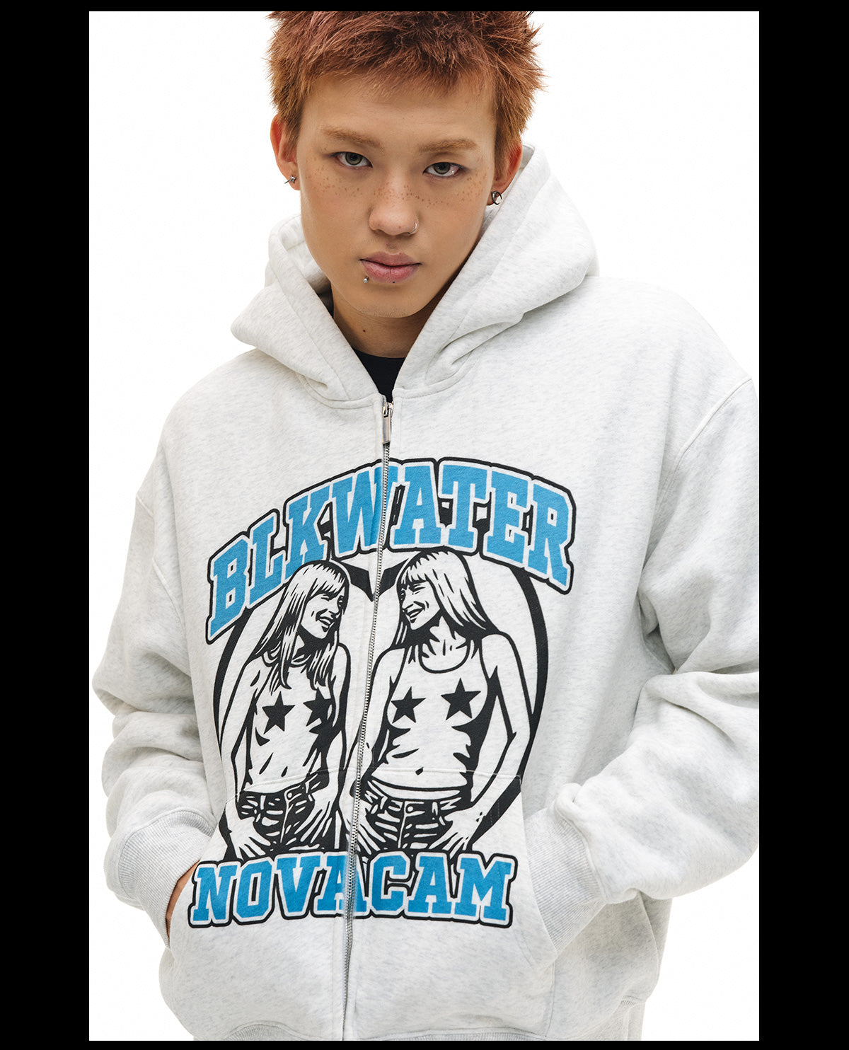NOVACAM Vintage Print Zip Up Hoodie