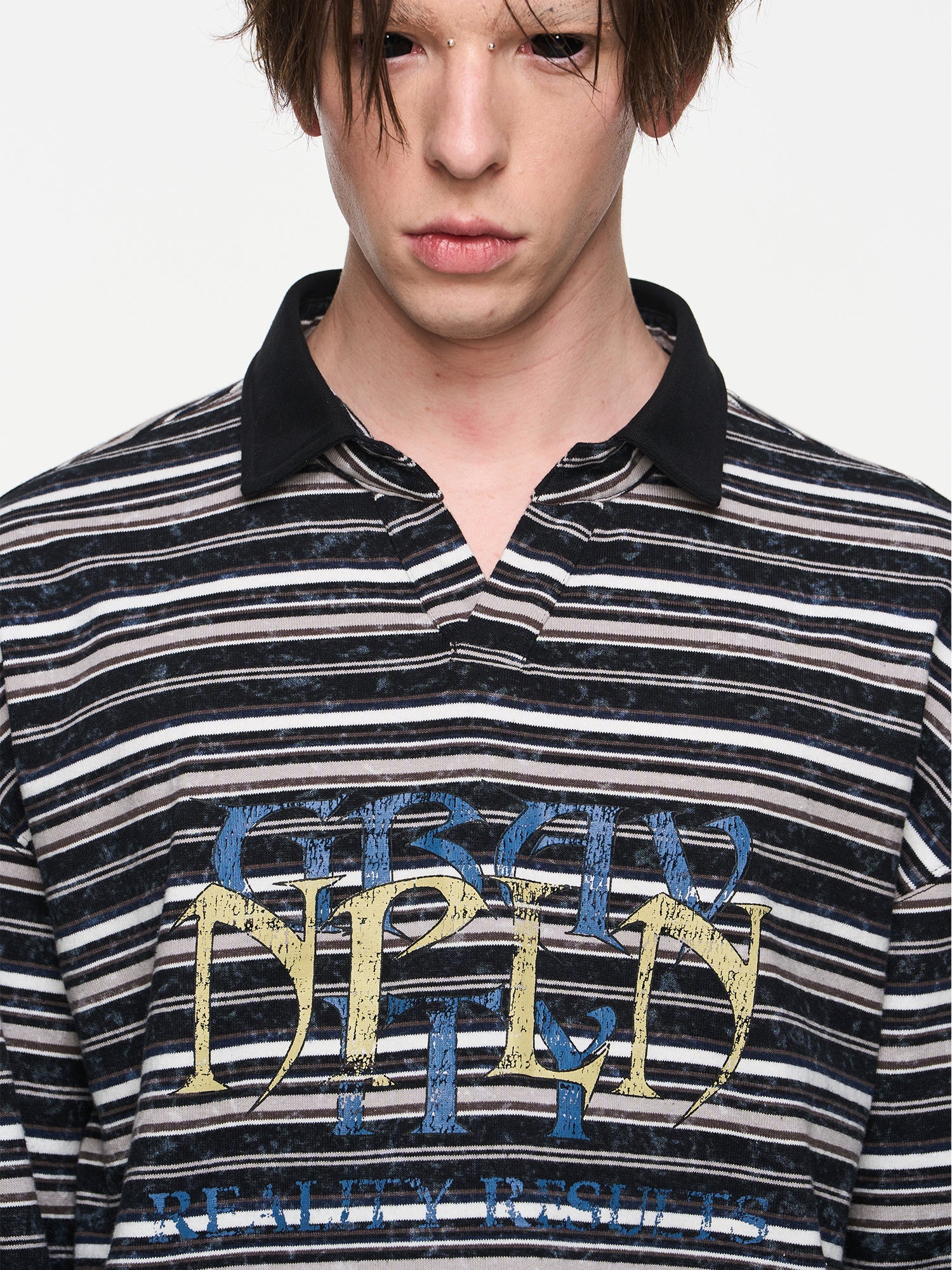 BLIND NO PLAN Washed Distressed Stripe Crackle Print Long Sleeve Polo