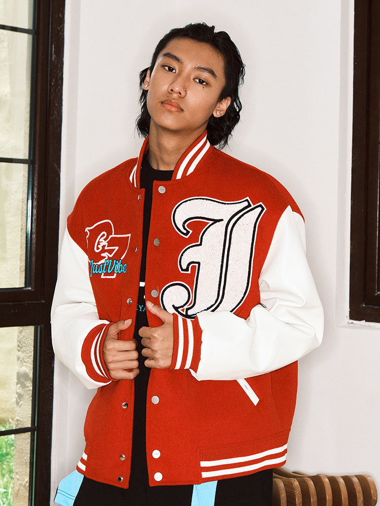 JUST VIBE Terry Big JV Logo PU Leather Varsity Jacket