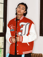 JUST VIBE Terry Big JV Logo PU Leather Varsity Jacket