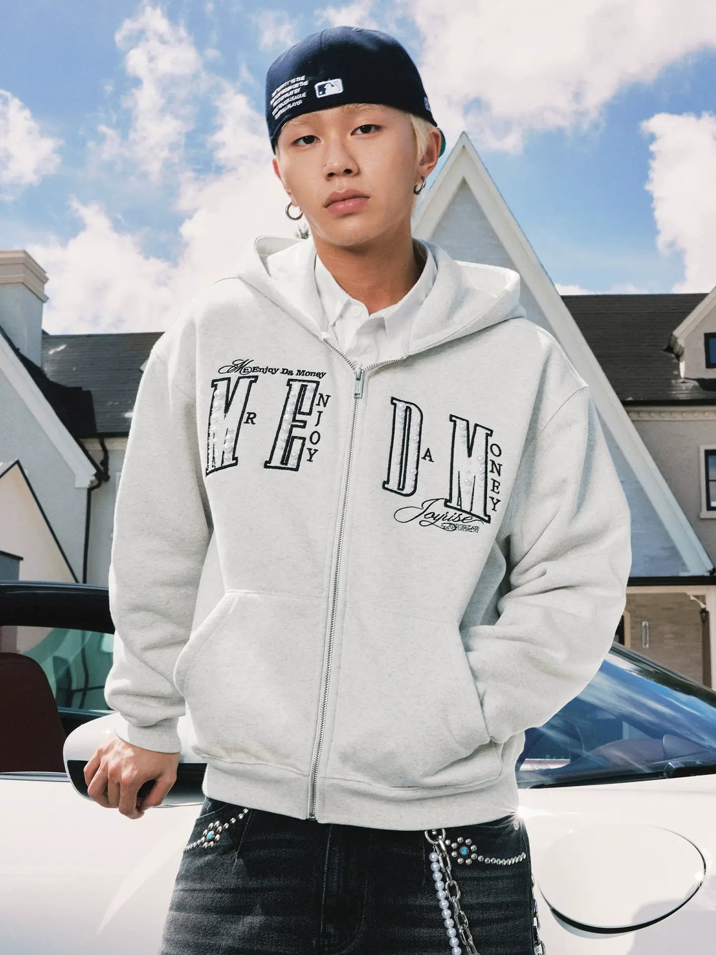 MEDM Pearl Logo Embellished Zip Up Hoodie