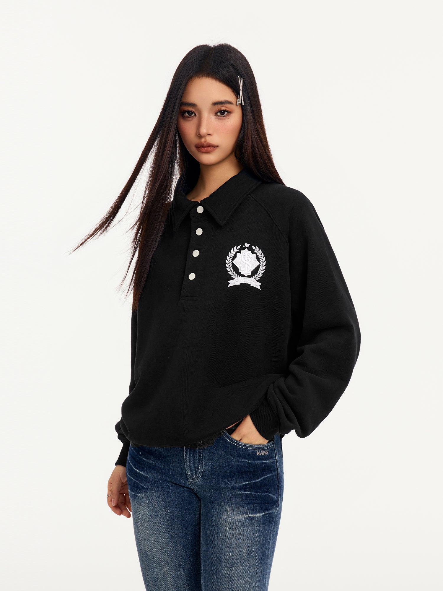 Small Town Kid Badge Embroidered Polo Sweatshirt