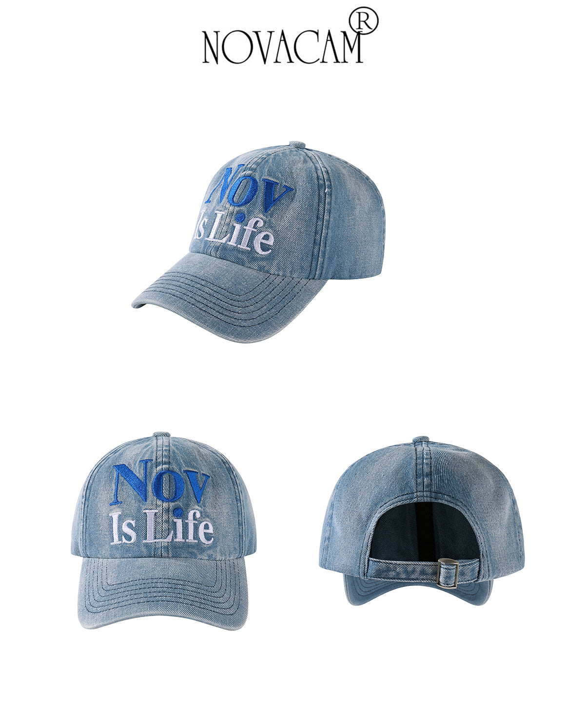 NOVACAM Washed Denim Nov Is Life Logo Embroidered Dad Hat