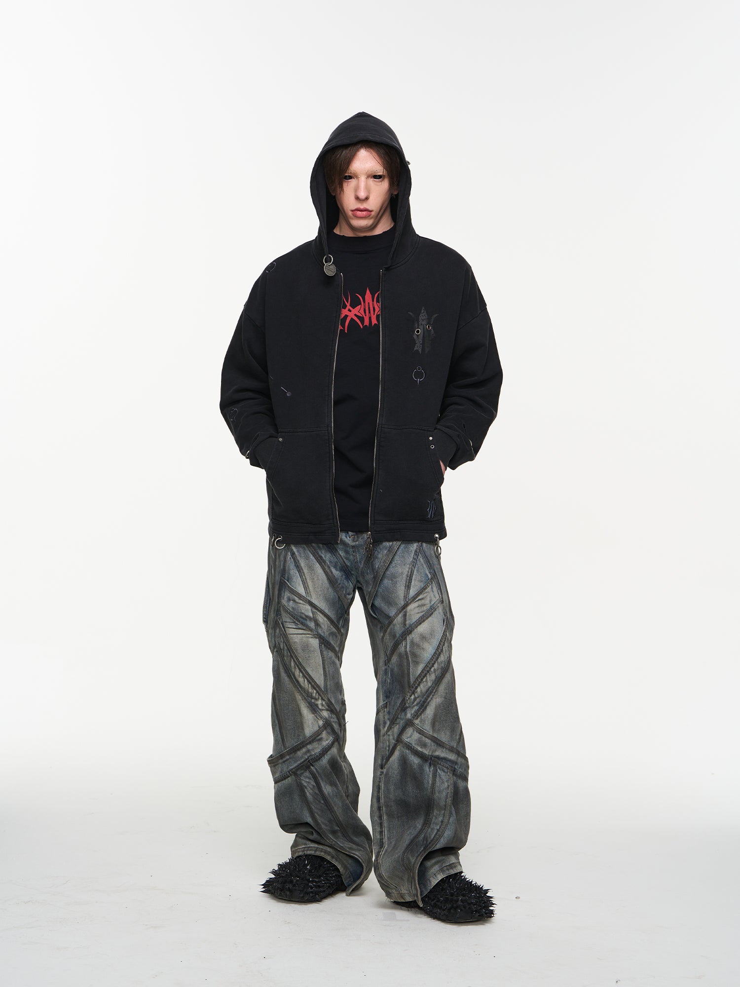 BLIND NO PLAN Washed Print Metal Detail Zip-Up Hoodie