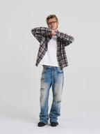 EVILKNIGHT(EK) Washed Checkered Patch Distressed Jeans
