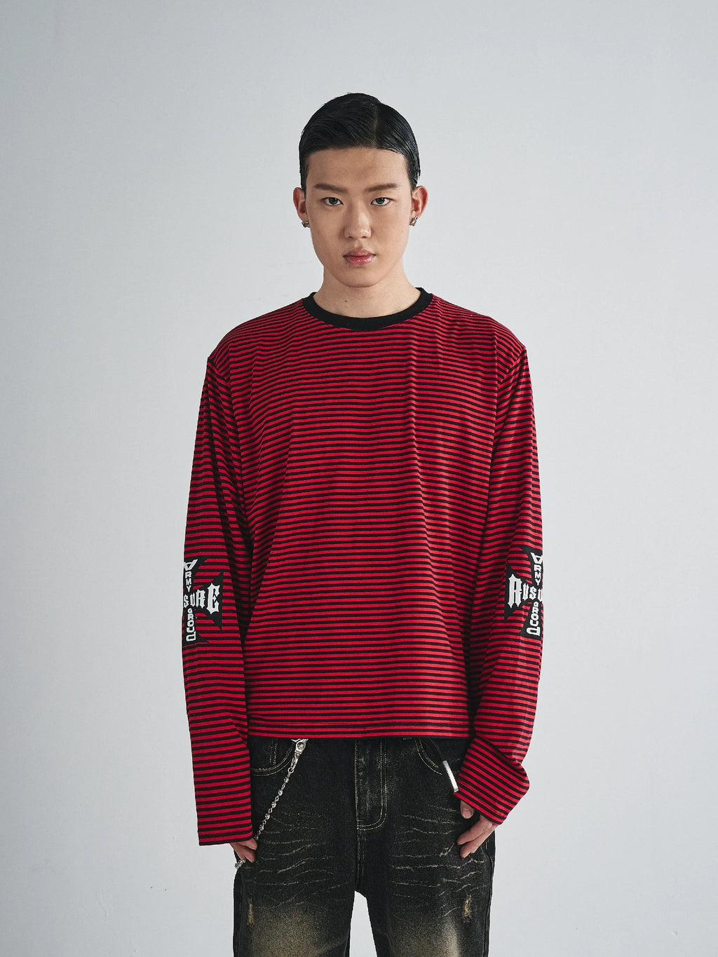 RUSURE Striped Cross Logo Print Long Sleeve Tee