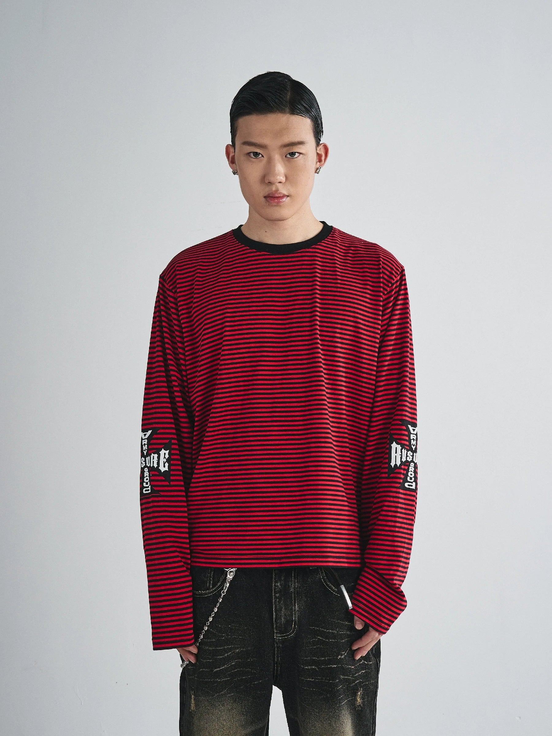 RUSURE Striped Cross Logo Print Long Sleeve Tee