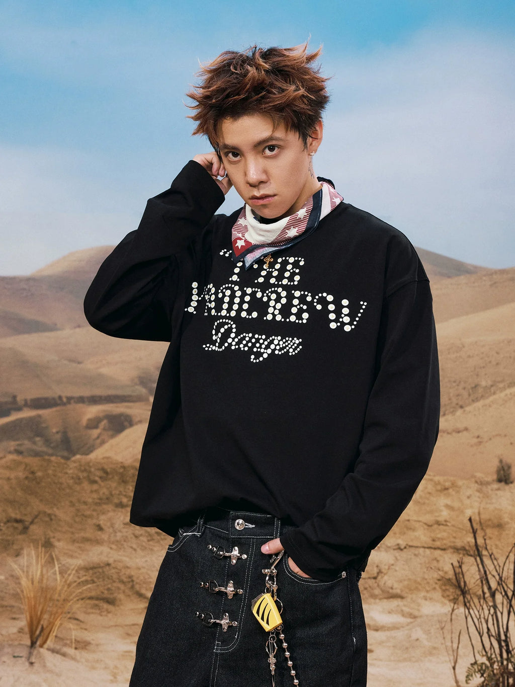 YADcrew Polka Dot Star Foam Print Long Sleeve Tee