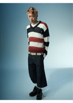 EVILKNIGHT(EK) Striped Colorblocking Distressed V-Neck Knit Sweater