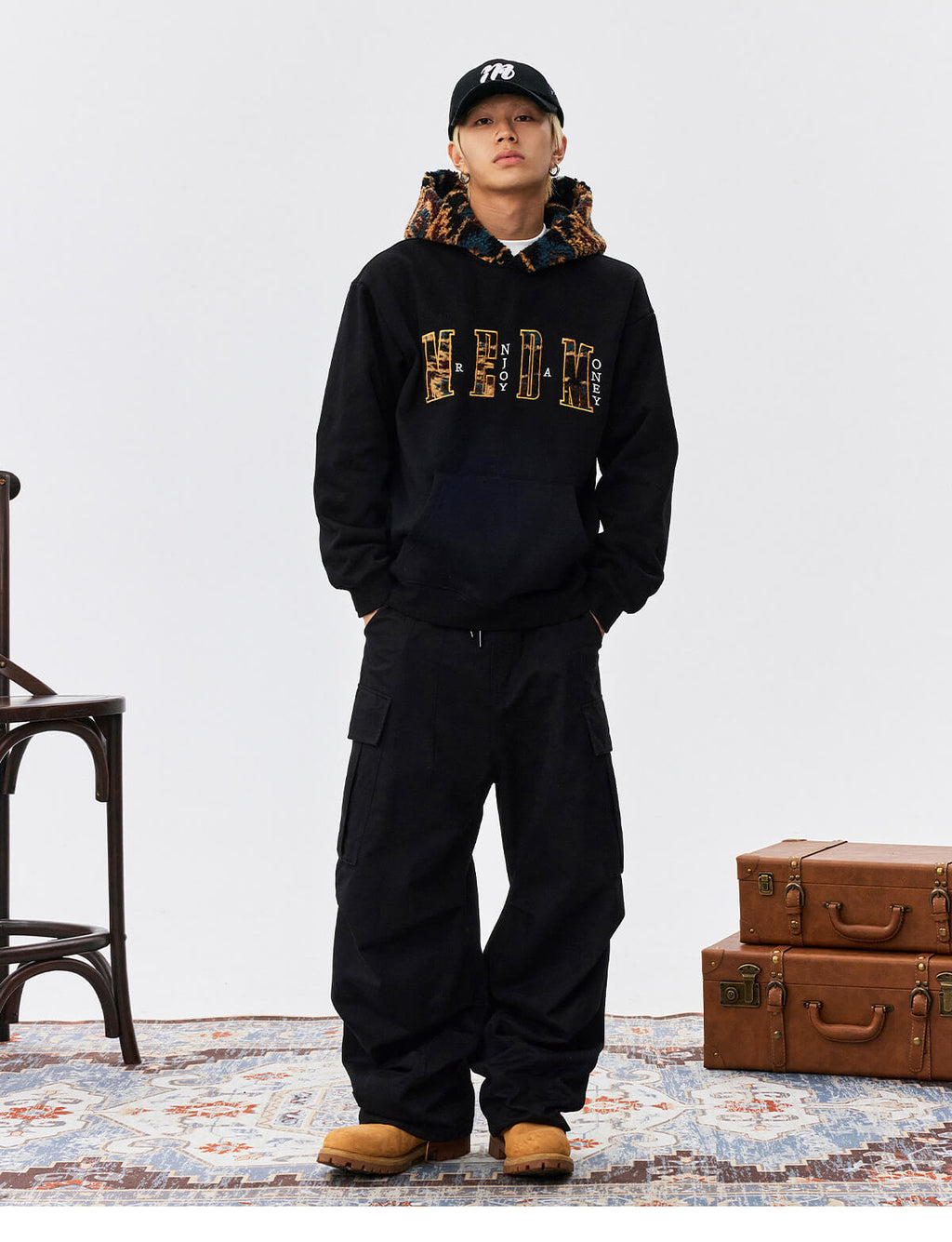 MEDM Patterned Sherpa Hood Patchwork Hoodie
