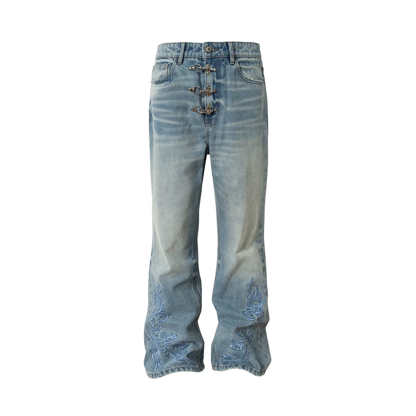 YADcrew Snap Button 3D Embroidery Washed Jeans