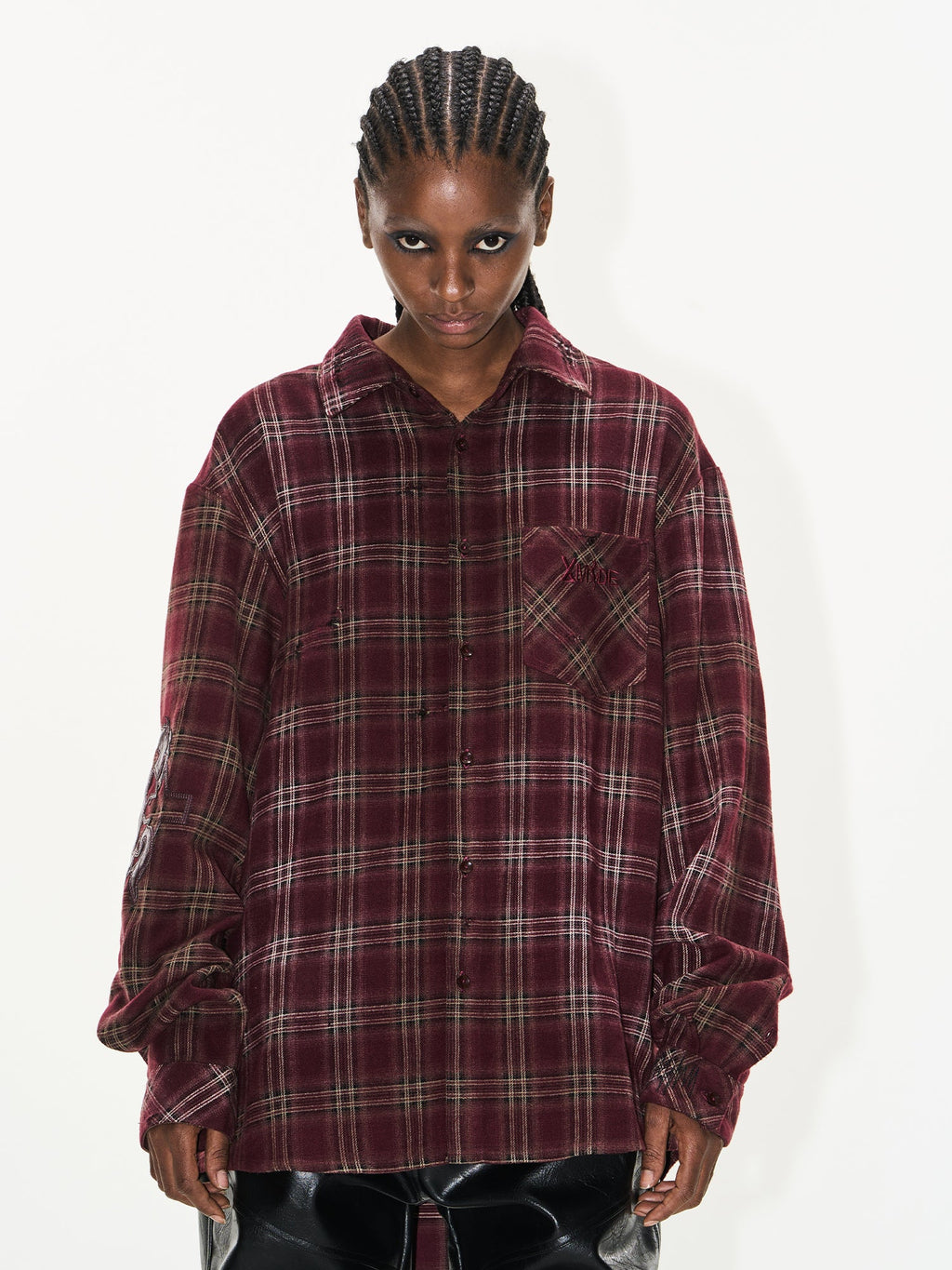 BLIND NO PLAN Washed Aged Cross Horse Patch Plaid Long Sleeve Shirt