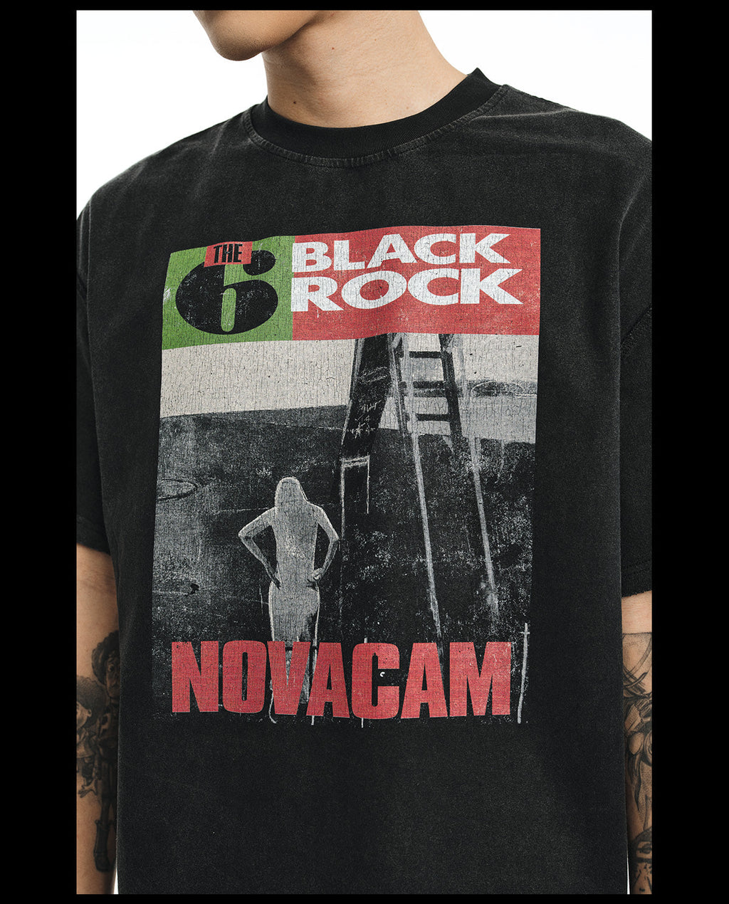 NOVACAM Vintage Rock Washed Black Stitch Tee