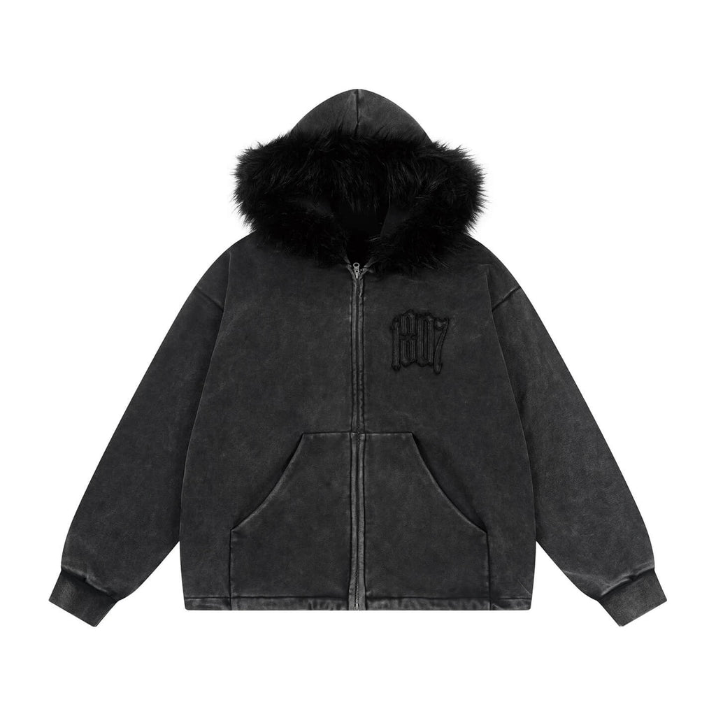 1807 Faux Fur Hood Trim Washed Zip Up Hoodie