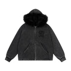 1807 Faux Fur Hood Trim Washed Zip Up Hoodie