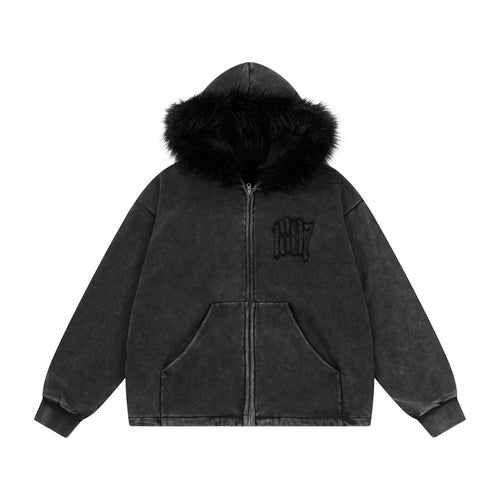 1807 Faux Fur Hood Trim Washed Zip Up Hoodie