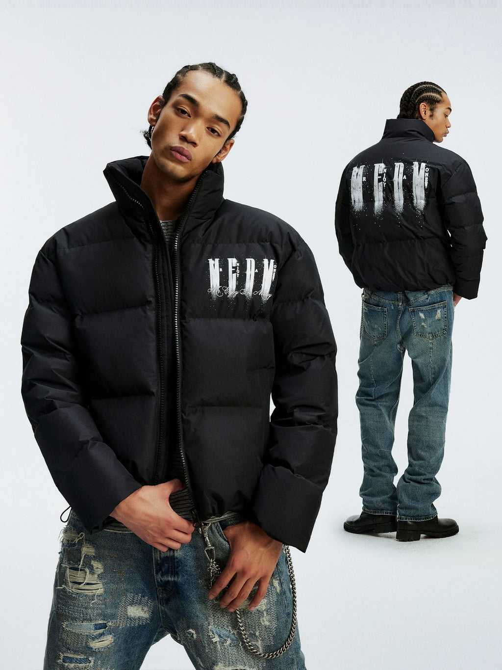 MEDM Rhinestone Studded Logo Down Jacket
