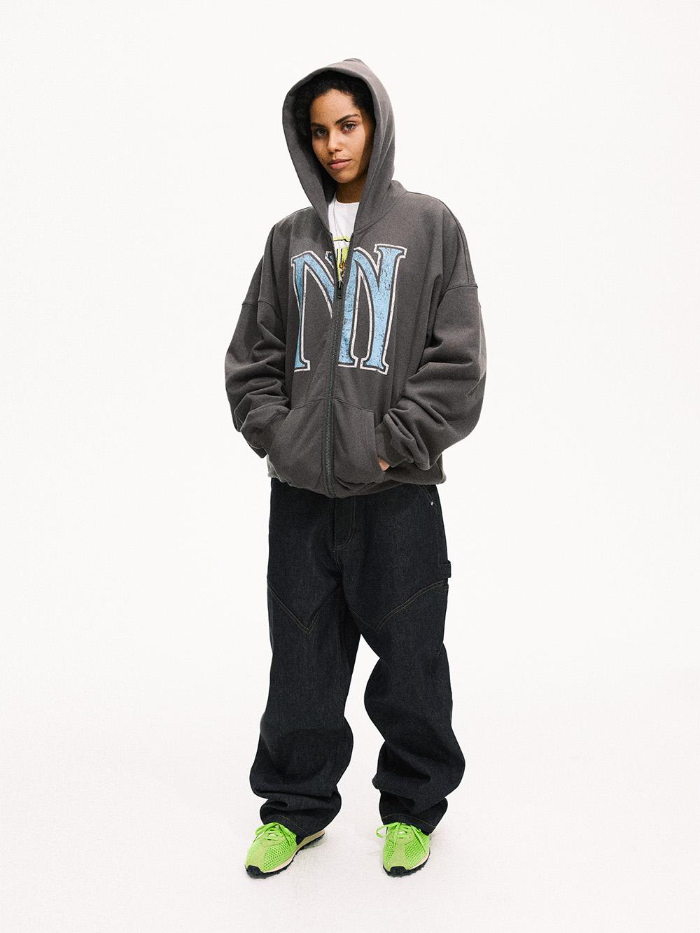 MHARF Gray Vintage Print Zip-Up Hoodie