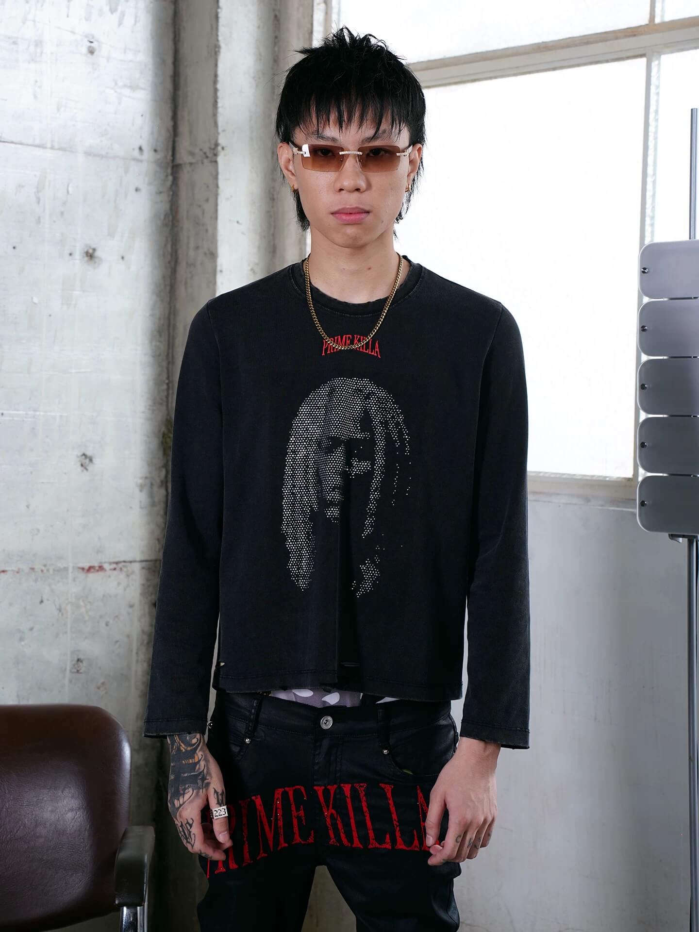 TGFCLUB Rhinestone Portrait Heavy Washed Distressed Long Sleeve Tee