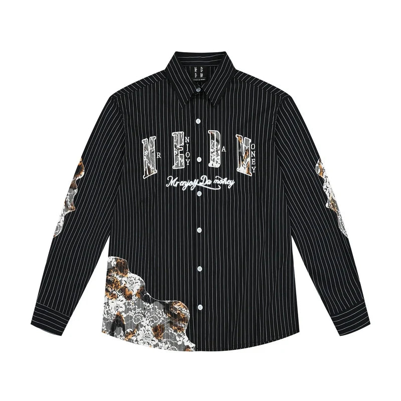 MEDM Lace Embroidered Striped Long Sleeve Shirt