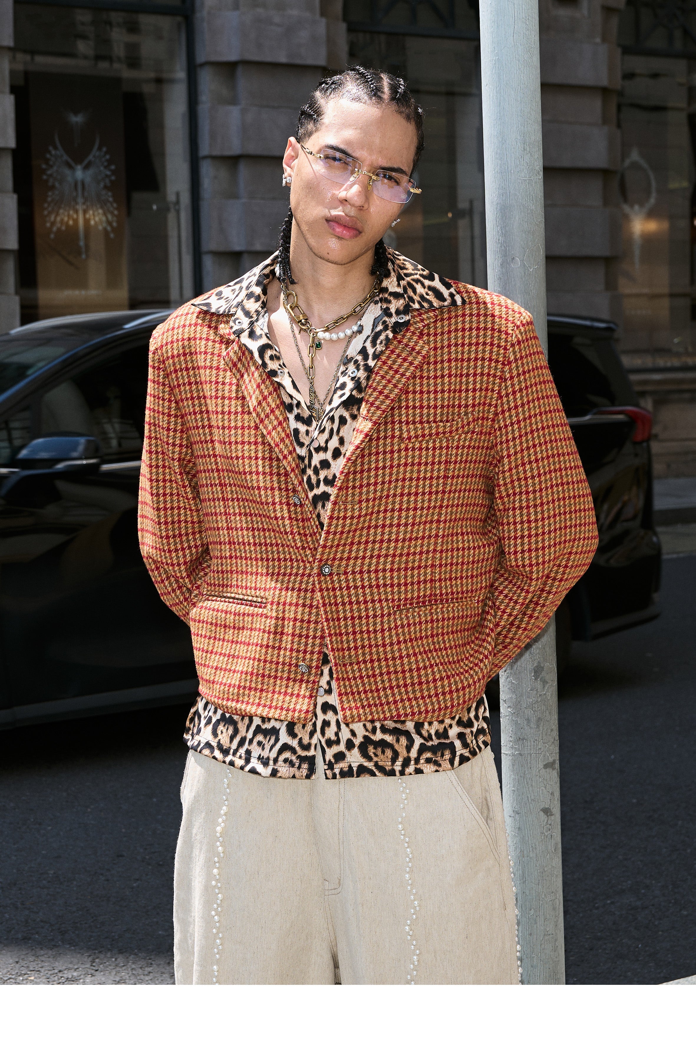 STEEPC Houndstooth Wool Blend Short Suit Jacket