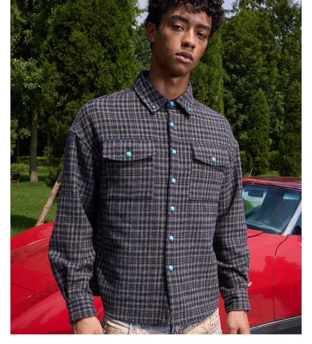 S45 Turquoise Button Plaid Long Sleeve Shirt